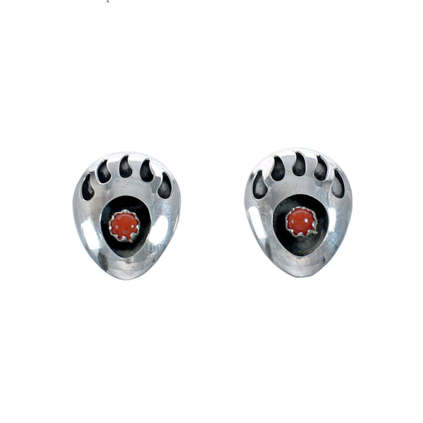 Coral Genuine Sterling Silver Bear Paw Navajo Post Earrings JX128919